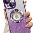 Misscase for iPhone 15 Magnetic Glitter Case Compatible with MagSafe,Full Protection Slim Shockproof Anti-Scratch Case with Camera Lens Protector Logo View Dust-Proof Net for Women Purple