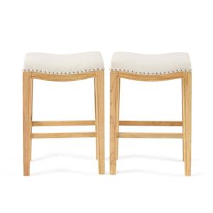 Studded Counter Stool Set of 2 - Beige Fabric, Silver Studded Trim, Rubberwood Legs, 26.20" Height, Easy Assembly
