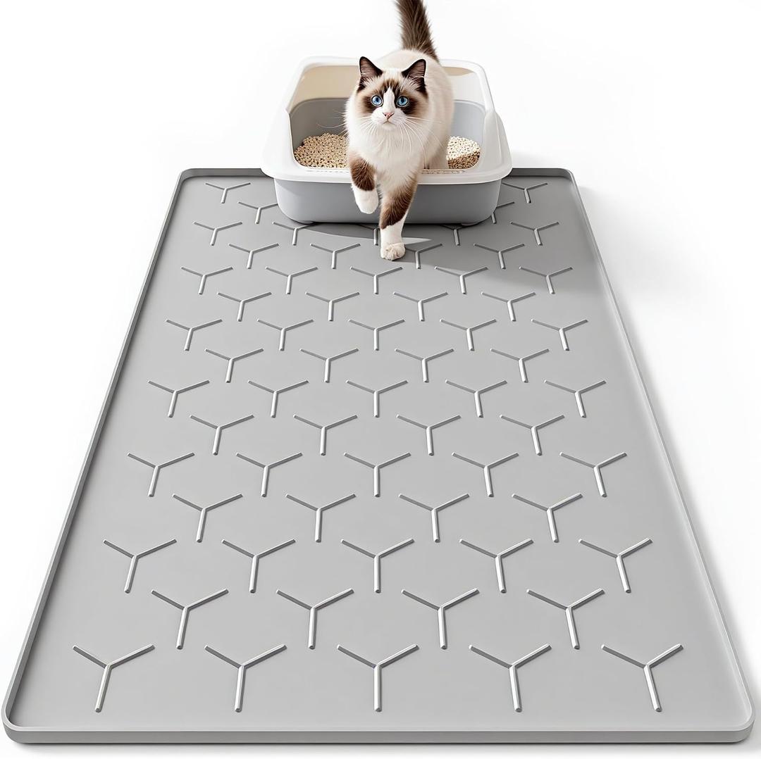 Bulkniu Large Silicone Cat Litter Mat, Waterproof/Urineproof, Litter Recycling, Easy to Clean, Soft on Kitty Paw (22"X34"- Grey)