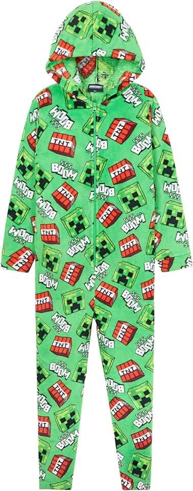 Minecraft Boys Fleece One-Piece Pajamas, Hooded Loungewear - Gift For Gamers (Green/ Multi, 13-14 Years)