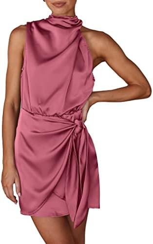 PRETTYGARDEN Women's Short Formal Satin Dress Summer Sleeveless Mock Neck Tie Waist Cocktail Party Dresses S PRETTYGARDEN Women's Short Formal Satin Dress Summer Sleeveless Mock Neck Tie Waist Cocktail Party Dresses S