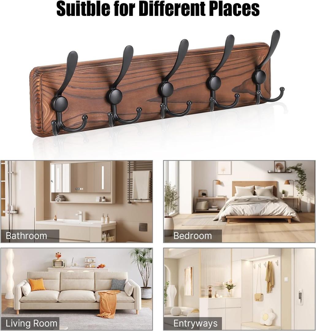 Gohiuo Rustic Wall Mount Coat Rack, Coat Hooks Wall Mount Wood Coat Rack with 5 Triple Hooks, Heavy Duty Wooden Wall Mounted Coat Hanger for Entryway, Farmhouse Hanging Coats, Hats, Bags,Towels