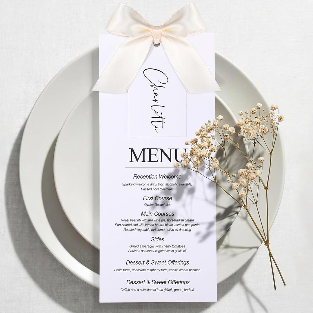 50 Sets 76lb Wedding Menu Cards 4 x 9'' and Name Place Cards with Ribbon for Table Setting DIY White Blank Cardstock for Wedding Dinner Banquet Party Table Setting Supplies