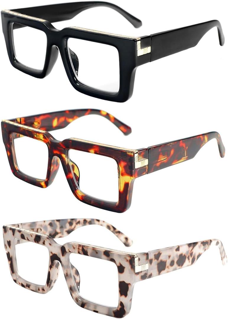 REAVEE 3 Pack Reading Glasses for Women Men, Blue Light Blocking Readers Stylish Square with Spring Hinge, 0.0X