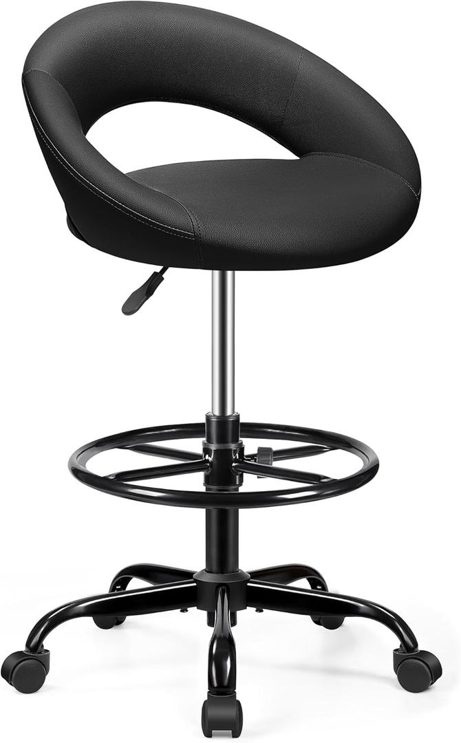 Office Drafting Chair - Bar Stools with Back Support, Adjustable Foot Rest and Wheels, Shop Rolling Swivel Chair for Standing Desk Counter Kitchen Salon Home Vanity, Black (1 Pack)