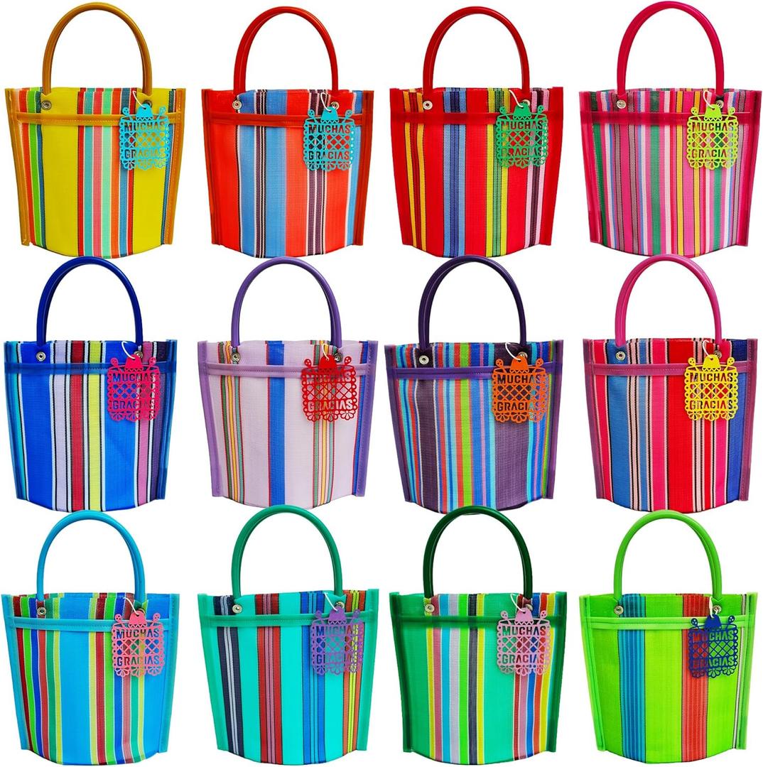 12 Mini Mercado Bags For Fiesta Mexicana Party Favors & Mexican Papel Picado Gift Tags (Multicolor)