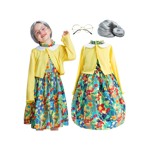 Old Lady Costume for Girls, 100th Day of School 4 Pcs Granny Grandma Set Outfit Wig for Kids Dress Up 4-10 Years, 4-6 Y