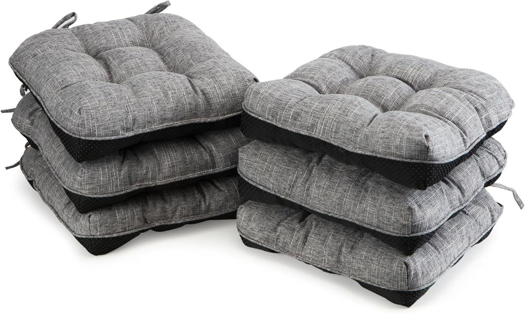 Chair Cushions for Dining Chairs Set of 6,Tufted Indoor Kitchen Seat Cushions 6 Pack, Memory Foam Chair Pads with Ties and Non Slip Backing,15.5" x 15.5" x 4",Dark Grey