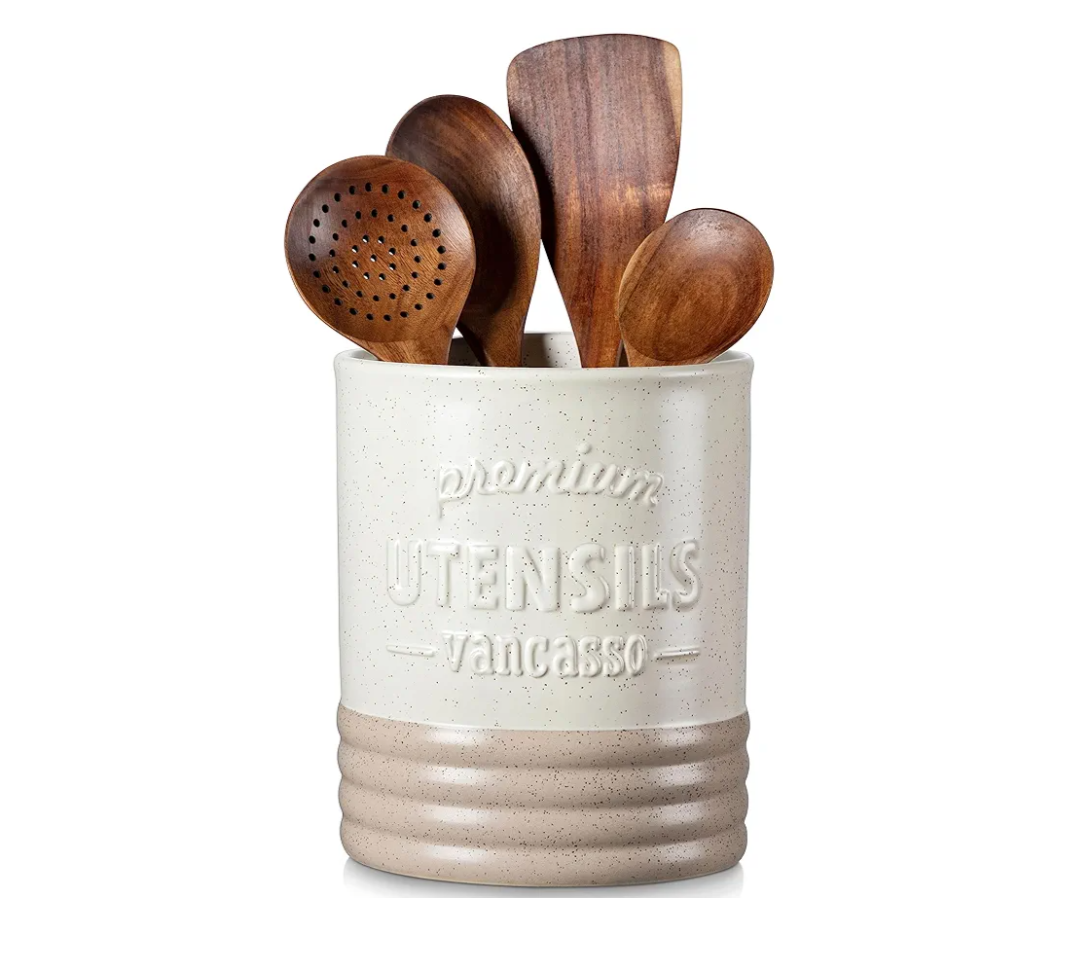 vancasso Sabine Utensil Holder, 7.2" Large Utensil Crock for Kitchen Counter, Ceramic Utensil Crock Storage, Matte Cream-Colored Farmhouse Utensil Organizer, Utensil Storage for Home Décor, Gifts