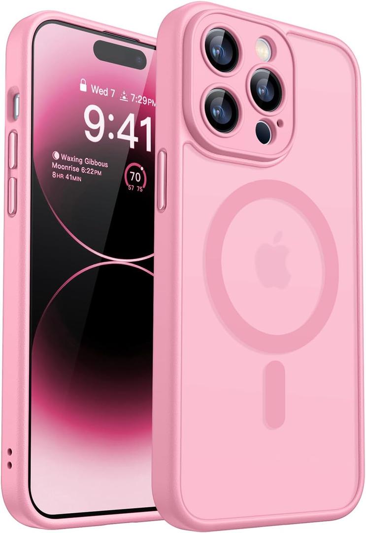 CANSHN Magnetic Compatible with iPhone 14 Pro Max Case, Upgraded [Full Camera Protection] [Compatible with Magsafe] [Translucent Matte] Shockproof Protective Phone Case Cover 6.7 Inch - Pink