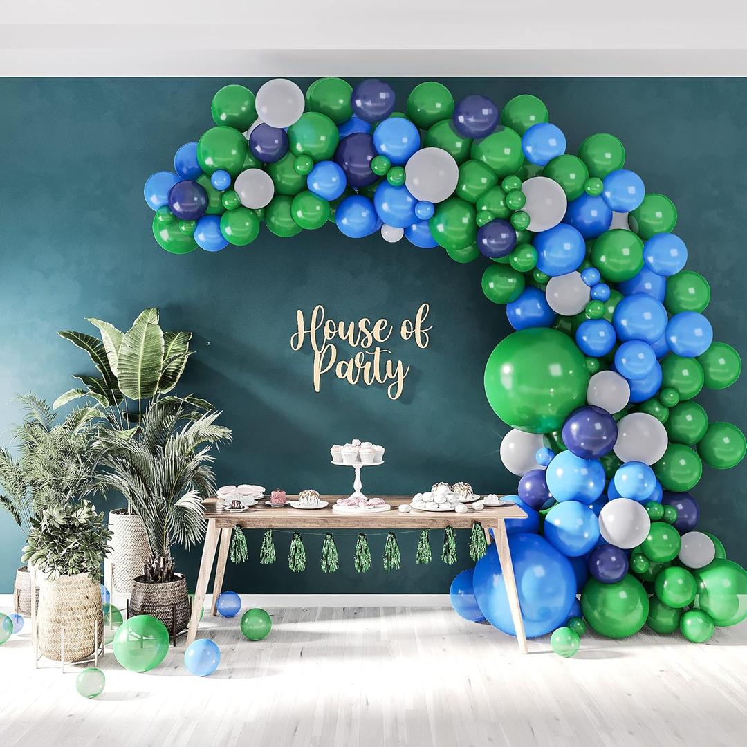HOUSE OF PARTY Blue and Green Balloon Garland Kit 158 Pcs - Jurassic World Balloons for Baby Shower, Jungle Theme Party Decorations & Dinosaur Birthday Party Supplies (Dark Green, ,Blue, Stone & Midnight)