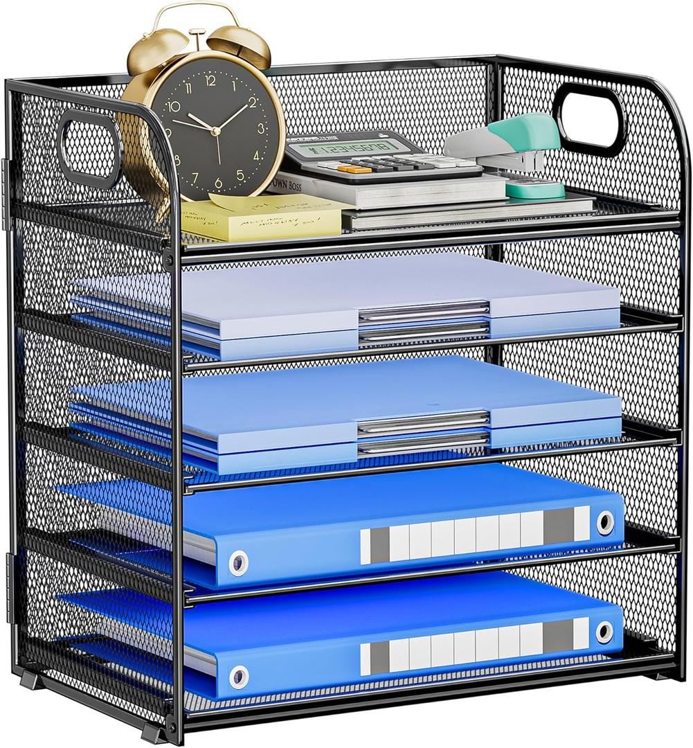 5 Tier Paper Organizer for Desk, File Organizer with Handle, Mesh Letter Tray, Paper Sorter Desk Organizer for Office Home Supplies - Black