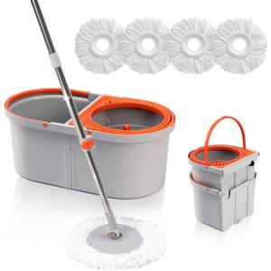 Spin Mop for Floor Cleaning with 4 Reusable Microfiber Mop Heads, 2 in 1 Mop and Bucket with Wringer Set, Wet Dust Mop for Hardwood, Laminate, Tile