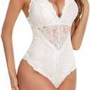 Avidlove Women Snap Crotch Lingerie Sexy Lace Bodysuit Deep V Teddy One Piece Lace Babydol, White, Size Ml