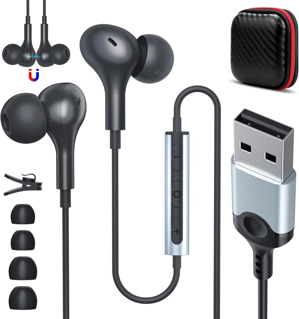 USB Headset with Microphone for PC 7.5 Ft Cable, USB A Headphones for Computer, Wired USBA Earbuds with Mute in-Line Stereo Noise Canceling Call Cord Laptop Earphones for Dell Surface Switch, Black