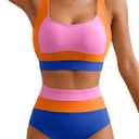 Herseas Women 2 Piece High Waisted Bikini Sets Colorblock Sporty Swimsuits Wide Straps Bathing Suit 2026 Summer Swimwear (XS)