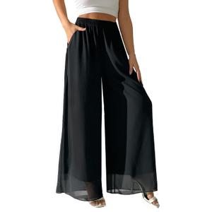 zsangbee Women's Wide Leg Palazzo Pants Chiffon Flowy Loose Party Wedding Dressy Casual Trousers, Small 