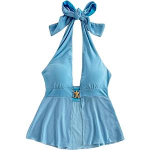 Milumia Women's Starfish Decor Backless Halter Top Tie Backless Sleeveless Split Hem Tank Tops (Blue, S)