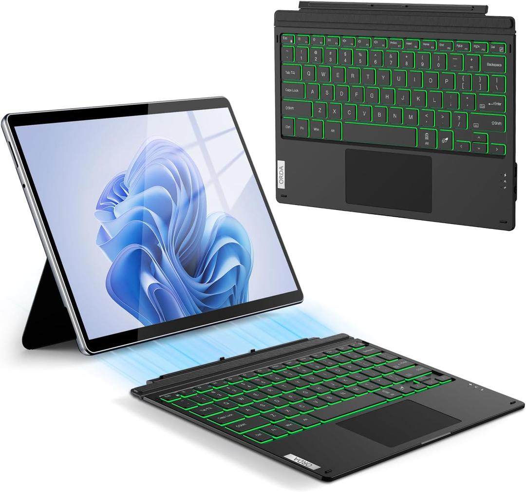 ORDA Surface Pro Keyboard for Pro 7+ / Pro 7 / Pro 6 / Pro 5 / Pro 4 / Pro 3 Type Cover Surface Pro 12.3 Inch Keyboard Wireless Bluetooth, Ultra-Slim, Multi-Gestures Trackpad, 7-Color Backlit (Black Grey)