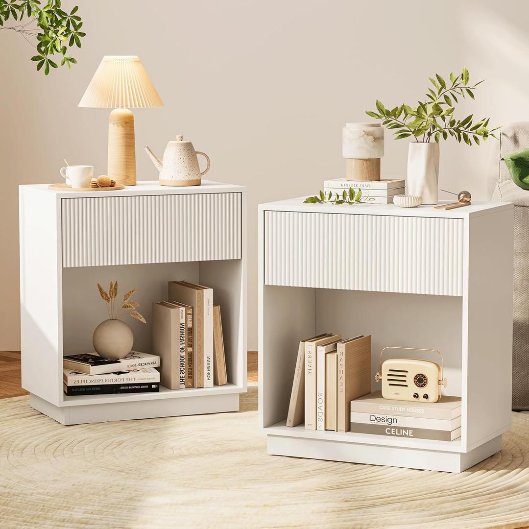 Fluted Nightstands Set of 2, Modern Bedside Table with Drawer and Storage Shelf, Wood End Table Mid Century Night Stands for Bedroom Living Room Sofa Couch Office (White)