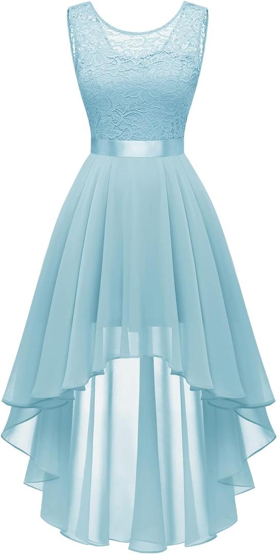 BeryLove Cocktail Prom Dresses 2025 Formal Wedding Guest Dresses Sleeveless Lace High Low Homecoming Dress (Large, Light Blue)