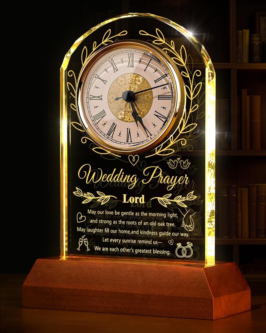 Crystal Clock Wedding Gifts for Couples 2026 with Wooden Light Base,Happy Anniversary Marriage Gift,Engagement Unique Gift for Newlywed Mr and Mrs