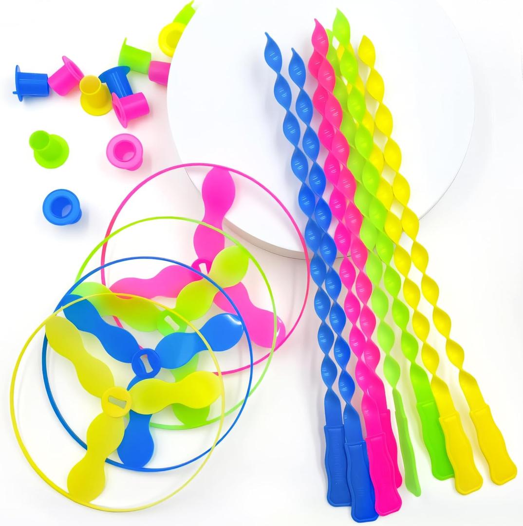 40 Pcs Flying Disc Toy Twisty Helicopter Spin Copter Plastic Propeller Flyer Saucers with Launchers Outdoor Toy Kids Party Favors Gifts