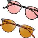 2 Pack Indoor Fluorescent-41 Pink & Outdoor Fluorescent-60 Brown Round Tinted Blue Light Blocking Glasses for Migraine, Light Sensitivity, Photophobia & LED Gaming Computer Screen Glare RF6213 (Black Frame Pink Lens + Coco Tortoise Frame Brown Lens)