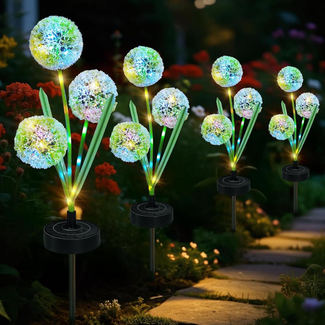 Upgraded Solar Garden Lights, 4 Pack Outdoor Solar Lights, Bigger Round Panel for 40-Hour Runtime, Serve as Outdoor & Indoor Decor, Waterproof Flower Lights for Patio Yard Decoration