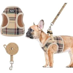 PUPTECK Soft Mesh Dog Harness and Leash Set Step-in Plaid Puppy Padded No Pull Vest Harness for XS Small Medium Sized Dogs Cats Outdoor Walking, Beige S