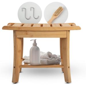 Bamboo Shower Stool Bench Waterproof with Storage Shelf, Includes 2 metal hanging hooks, 1 foot brush. Perfect for Shaving Legs or Spa Bath Seat in Bathroom & Inside Shower for Adults Seniors
