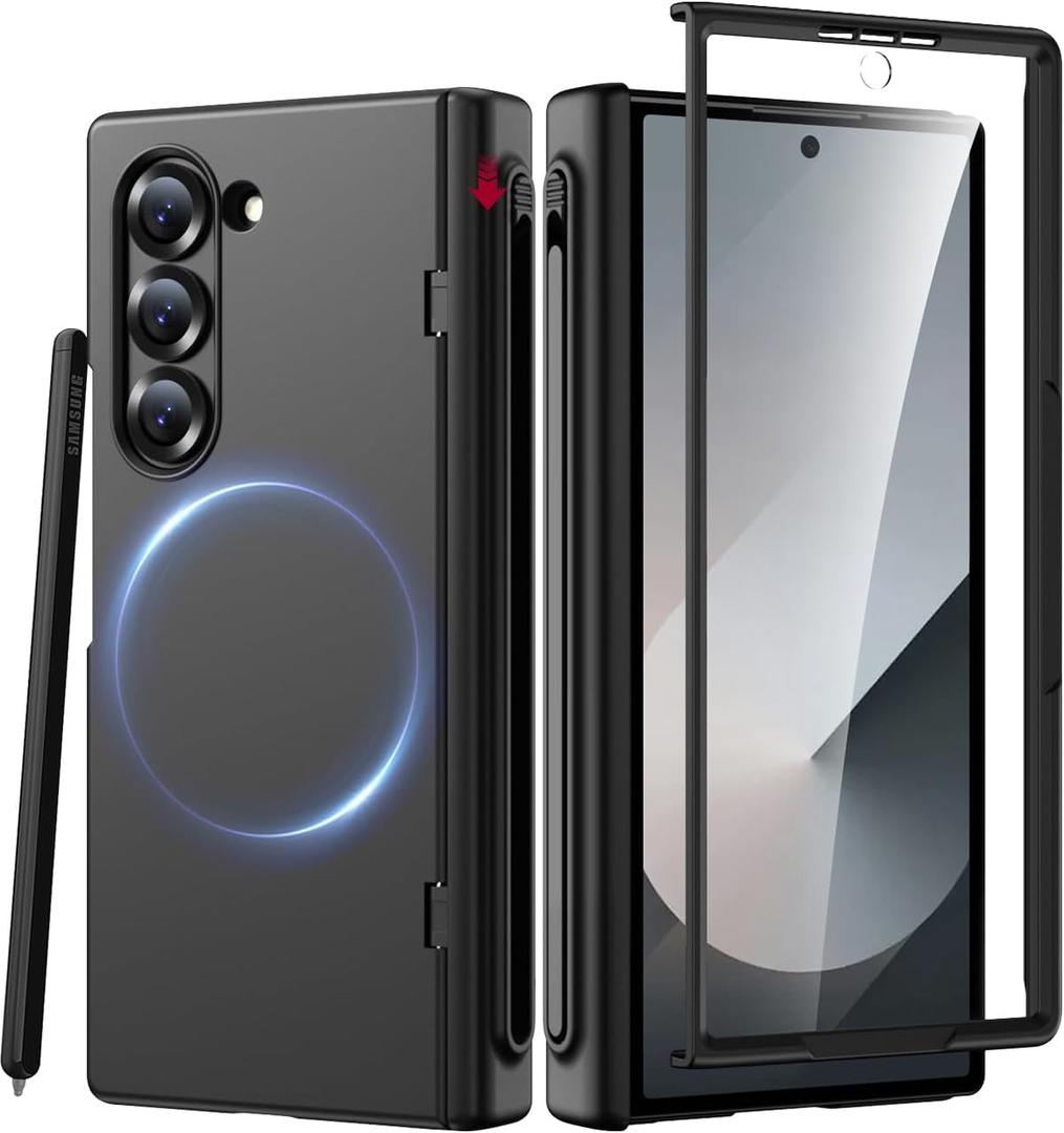 Miimall Magnetic for Samsung Galaxy Z Fold 7 Case with Pen, [Compatible with Magsafe][S Pen Holder & Hinge Protection & Screen Protector] Ultra Slim Thin Full Cover Phone Case for Z7 Fold7 5G Black