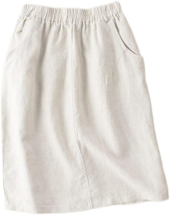IDEALSANXUN Womens Linen Skirt Spring Summer High Elastic Waist Midi Skirt with Pockets (Small, Beige)