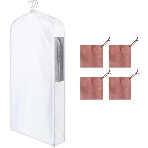 Briwooody 1 Set 40'' x 24'' x 6'' Short Cotton Garment Bags for Hanging Clothes and Storage, 4 Cedar Blocks for Fresh Smell and Moth Protection, Breathable Covers for Closet Suits Fur Coats Sweaters (White)