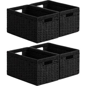 joybest Black Wicker Storage Baskets, Rectangular Wicker Baskets with Built-in Handles,Paper Rope Baskets for Organizing 4 Pack, 13.4L x 8.3W x 7.1H
