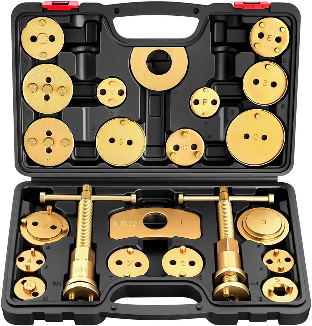 BILITOOLS Brake Caliper Compression Tool, 22-Piece Heavy Duty Disc Brake Caliper Piston Rewind Wind Back Tool with 18 Adapters (Black)