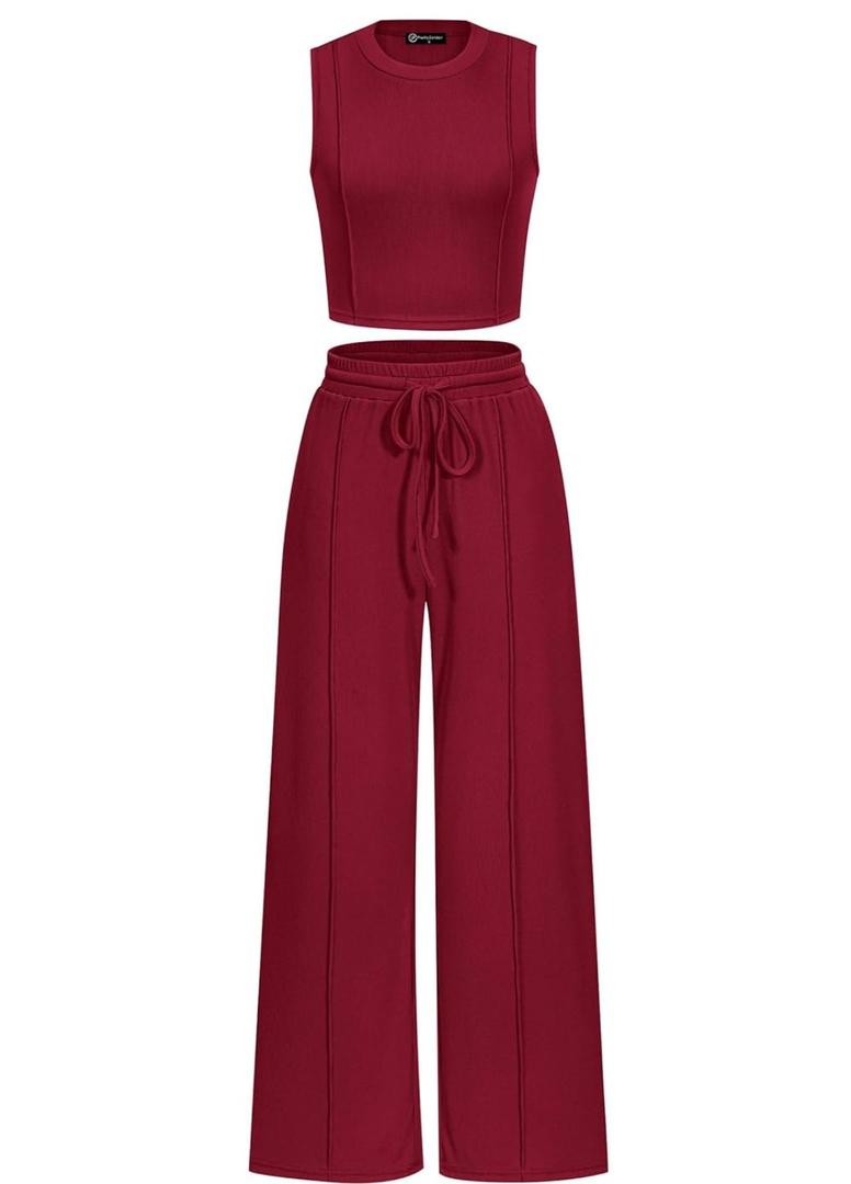 PRETTYGARDEN Women's Summer 1Piece Loungewear Set Cropped Tank Top Wide Leg Sweatpants Tracksuit Casual Outfits M RedWine