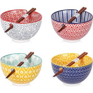 Selamica Ceramic Ramen Bowls Set, 15 OZ Noodle Bowls for Kitchen with Chopsticks, Deep Soup Bowls for Japanese Ramen Udon Soba, Microwave Dishwasher Safe, Set of 4, Assorted Colors (6 inch, 4pcs)
