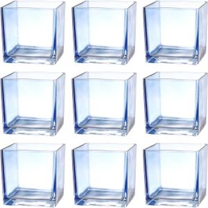 Square Glass Vases Set of 9, 4"x 4"x 4" Flower Vases for Centerpieces, Blue Glass Vase for Flowers, Small Vase for Wedding, Party, Home Office Decoration