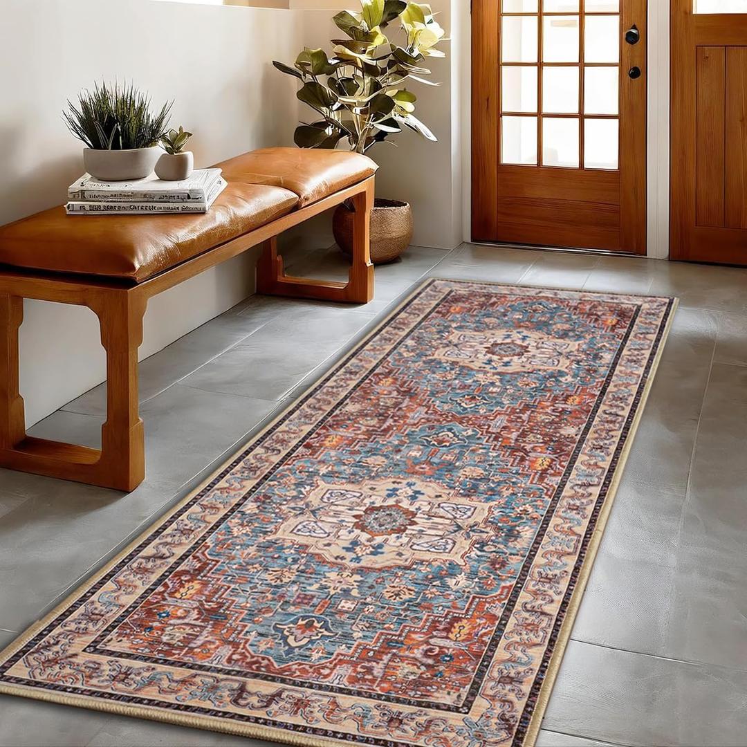 Runner Rug 26, Machine Washable Non-Slip Vintage Area Rug, Low Pile, Indoor Carpet Printed Floral Rugs for Living Room, Entryway, Kitchen, Bedroom, Rust Brown