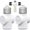 2 Pack, Light Socket to Plug Adapter, Convert E26 Light Socket to 3-Prong Outlet Adapter and Light Bulb Socket (White)