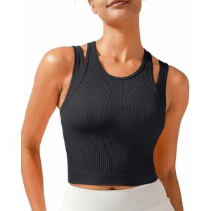 RUNNING GIRL Sports Bras for Women High Impact Seamless Ribbed Longline High Neck Workout Crop Tank Tops Padded (Small)