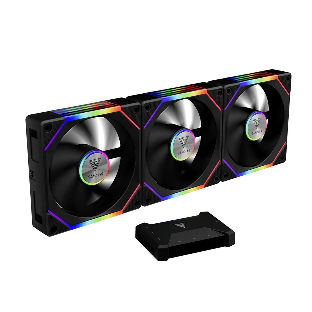 GAMDIAS 3 Pack 120mm Case Fan & 3 Reverse Blades & 1 USB Hub, ARGB PWM PC Fans with RGB Motherboards Sync, Daisy Chain via Cable Management, 30mm Thickness Case Fans with 75CFM Airflow with 2400RPM