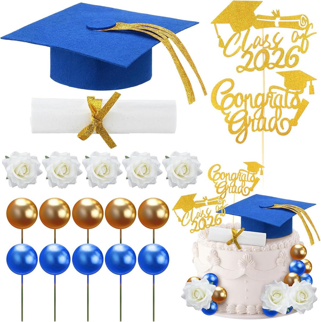 Maxdot 29 Pcs Graduation Cake Toppers Kit Included Grad Cap Diploma Balls Flowers Congrats Grad Cake Decorations for 2026 High School College Senior Graduation Party (Blue)