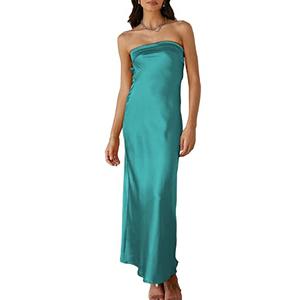 Realtix Satin Silk Backless Tube Tops Maxi Dress for Women Low Back Hollow Out Elegant Strapless Long Dresses Wedding Guest Aqua M