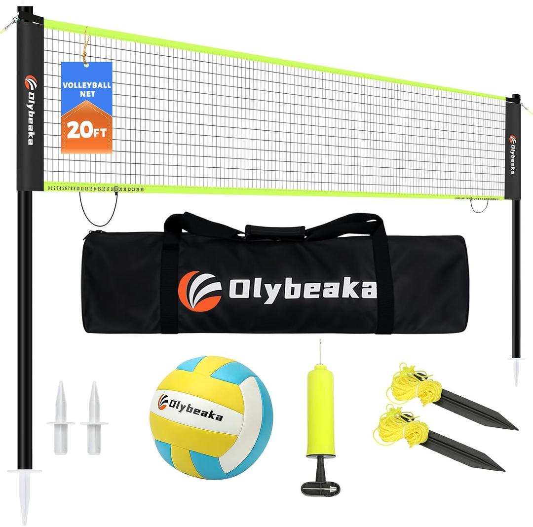 20FT Outdoor Volleyball Net Set System for Backyard Beach with Anti-Sagging Net, Iron Adjustable Height Poles, Soft PU Volleyball and Pump, Carry Bag - Instant Set Up & Durable (Black and Green)