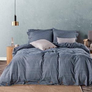 JELLYMONI Cotton Duvet Cover Full Size - Blue Pinstriped Comforter Cover with Button 100% Washed Cotton 3PCS Breathable Soft Solid Bedding Set Duvet Cover 8090in & 2 Pillowcases (NO Comforter)