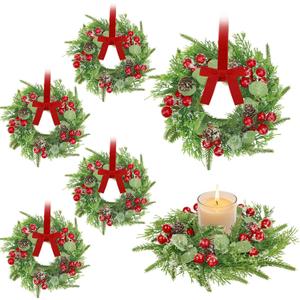 6 Pcs Mini Christmas Wreaths for Kitchen Cabinet, 7.87" Small Christmas Wreath with Ribbon Bows, Red Berry Norfolk Pine Candle Ring Holder for Table Centerpiece Window Chair Wall Decors