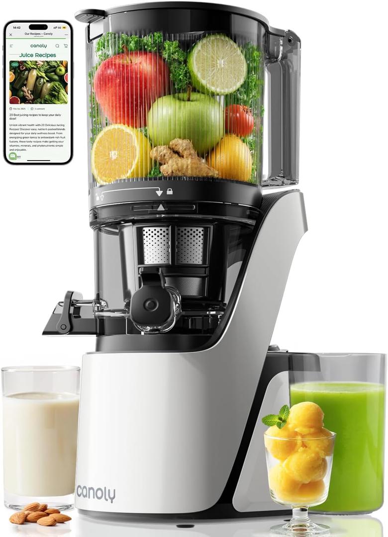 Canoly C16 Cold Press Juicer, 6" Extra Wide Feed Chute, 3-IN-1 Strainers (Juice & Sorbet & Nut Milk), Powerful AC Brushless Motor, Self Precut System, Juicer Machines with BPA-Free (Pearl White)