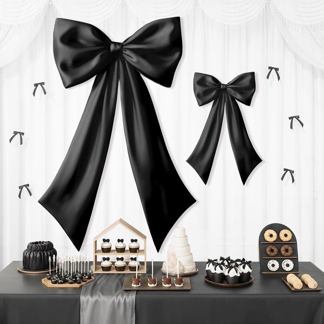Black Bow Decor 2 Pack,Large & Small Black Coquette Room Backdrop Wall Decor for Bachelorette Baby Shower Bridal Shower Bow Birthday Decorations
